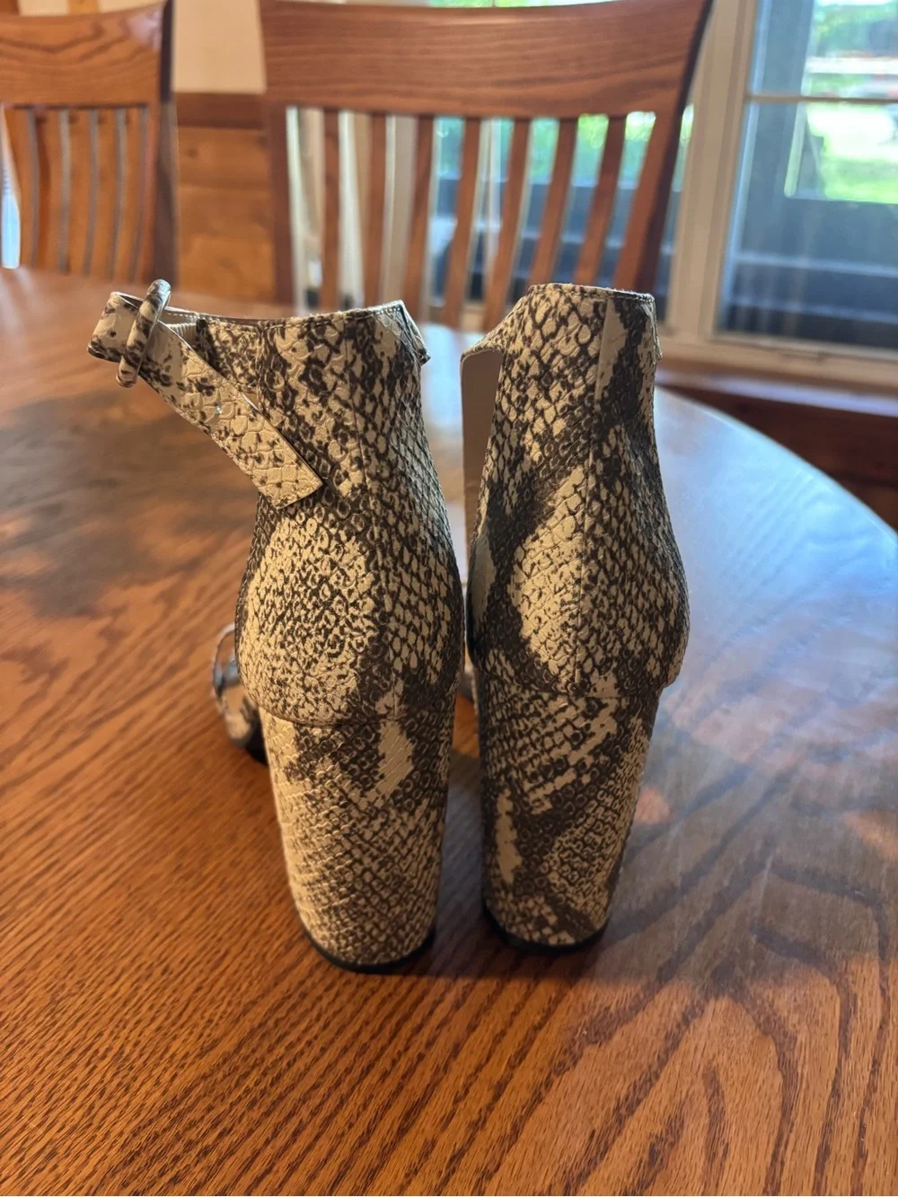Qupid Snake-Print Ankle Strap Block Heels in Black and Cream